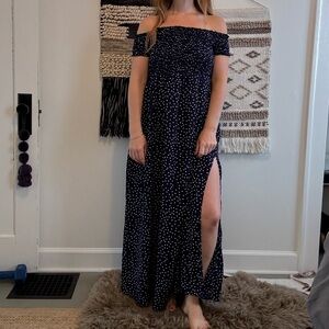 Off-Shoulder navy Polka Dot Dress